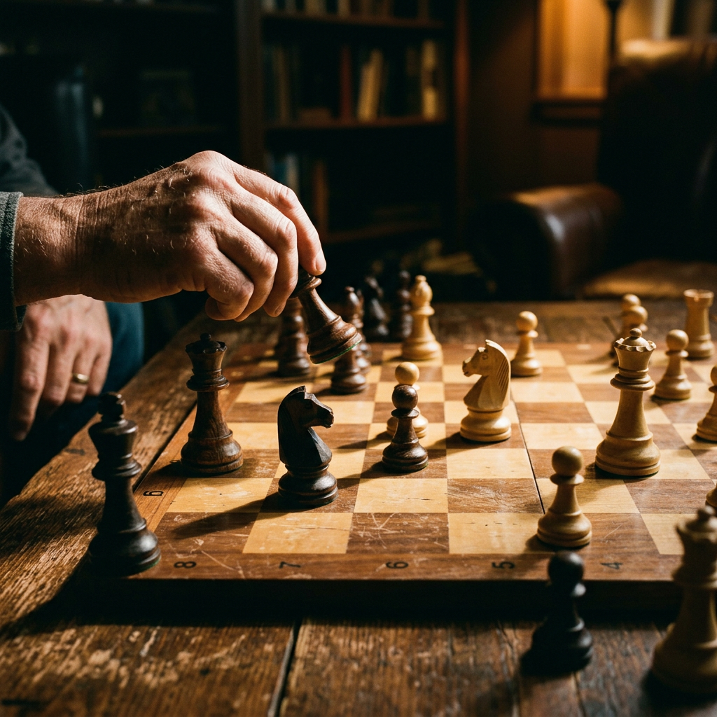 Hand moving a black chess piece on a wooden chessboard with various black and white pieces